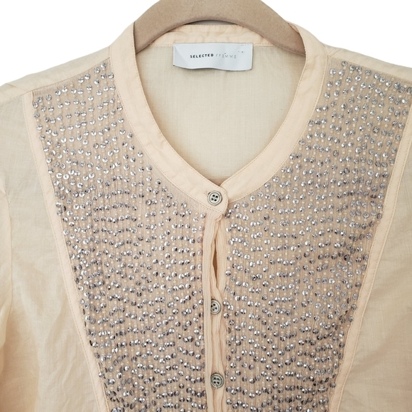 Selected Femme Delicate Cotton Blouse with Silk & Sequin Front 3/4 Sleeve - Picture 3 of 8